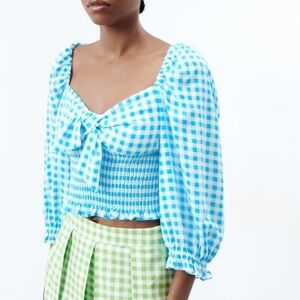 Zara‎ Gingham Cropped Top Size S Bow Smocked Linen Blend